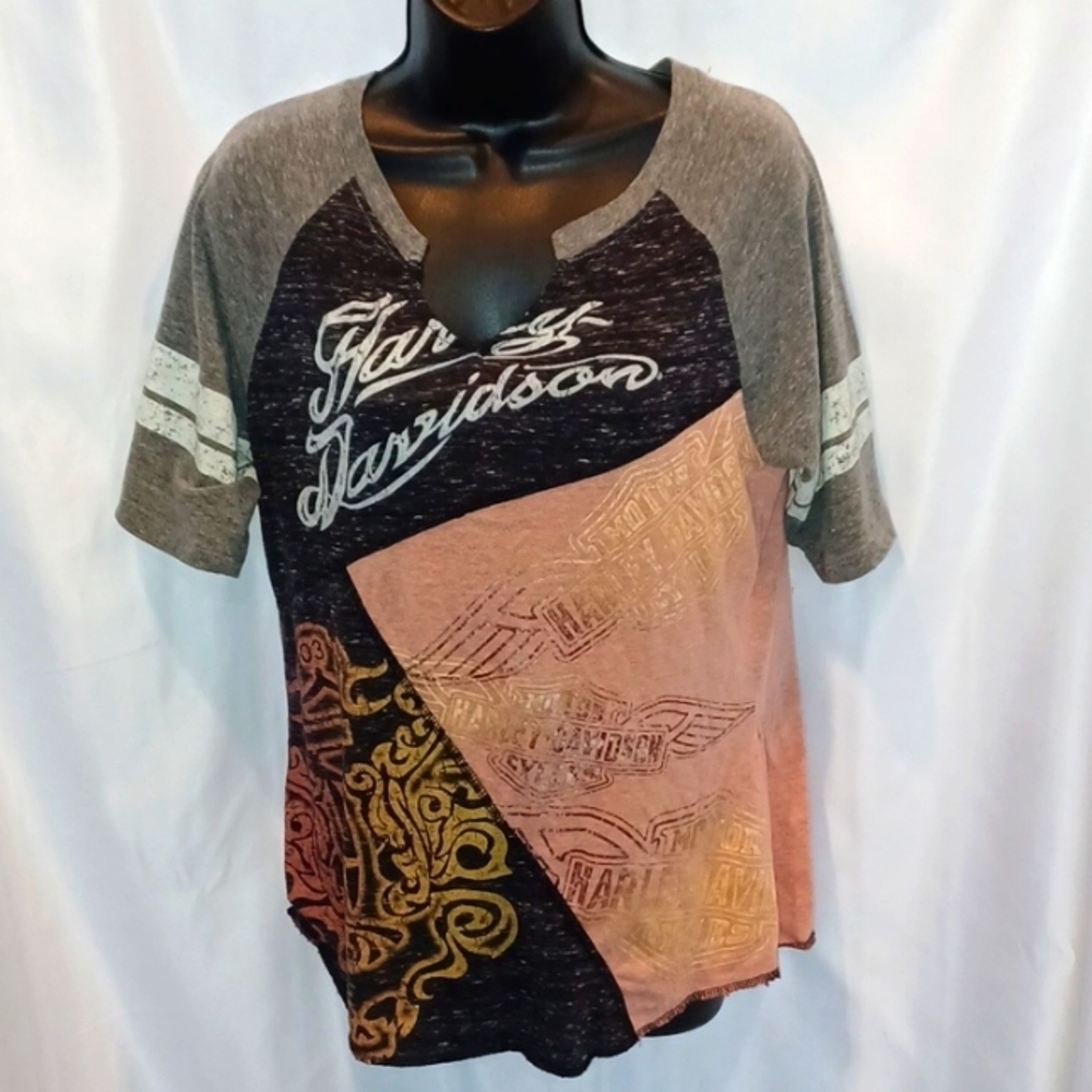 HD Harley Davidson, deep V-neck, long sleeve shirt top, orange, gray, black